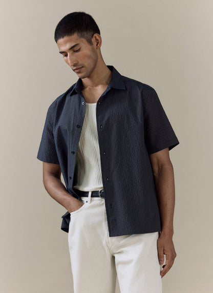 Men's Seersucker Boxy Shirt - Cotton - Navy Stripe | Percival Featured