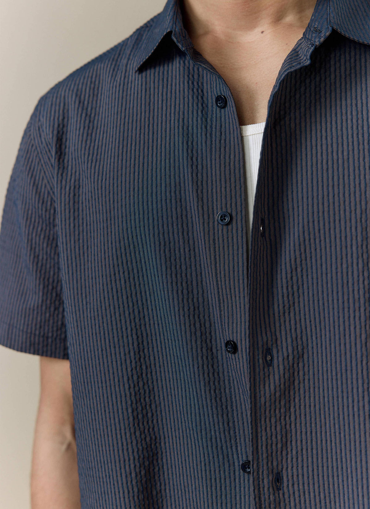 Men's Seersucker Boxy Shirt - Cotton - Navy Stripe | Percival Featured