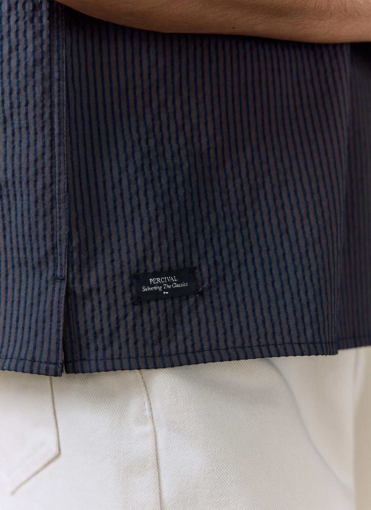 Men's Seersucker Boxy Shirt - Cotton - Navy Stripe | Percival Featured