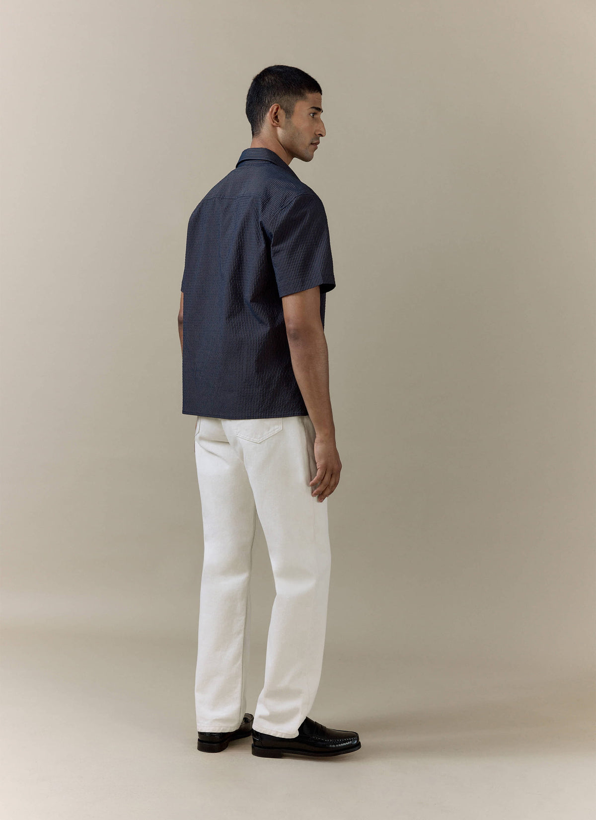 Men's Seersucker Boxy Shirt - Cotton - Navy Stripe | Percival Featured