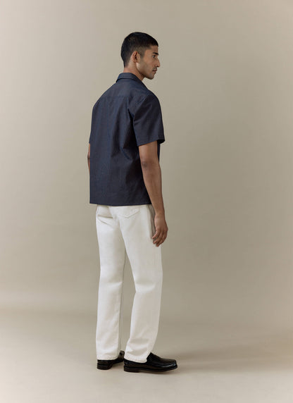 Men's Seersucker Boxy Shirt - Cotton - Navy Stripe | Percival Featured