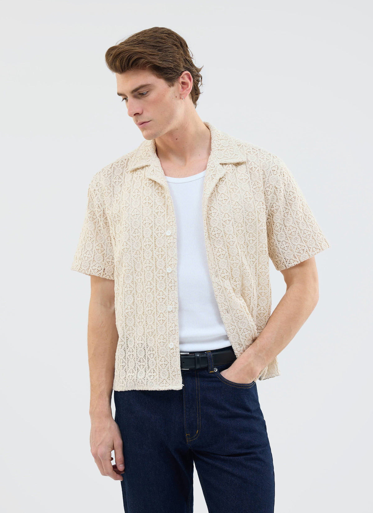 Men's Crochet Cuban Shirt: Elio - Ecru Cream | Percival Best Price
