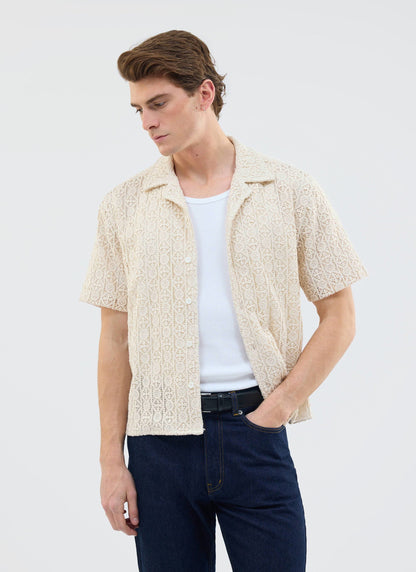 Men's Crochet Cuban Shirt: Elio - Ecru Cream | Percival Best Price