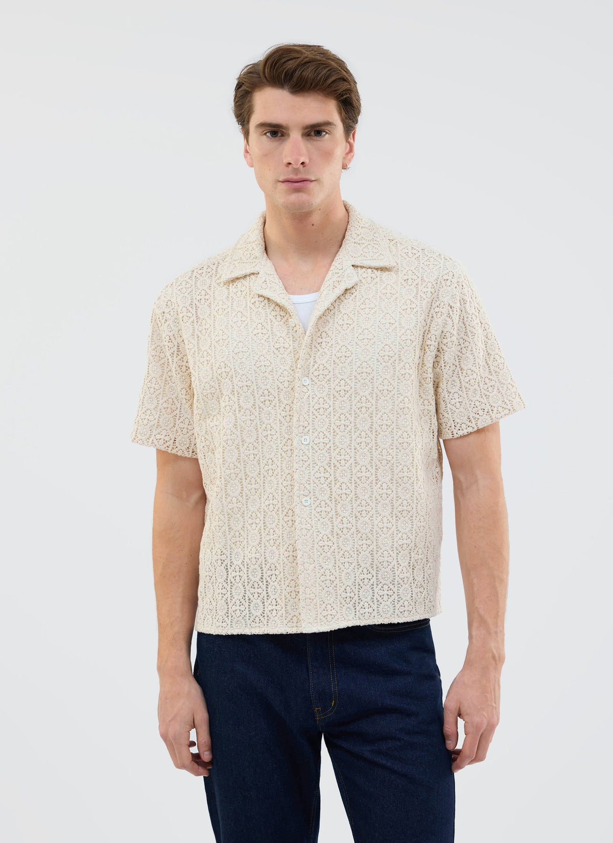 Men's Crochet Cuban Shirt: Elio - Ecru Cream | Percival Best Price