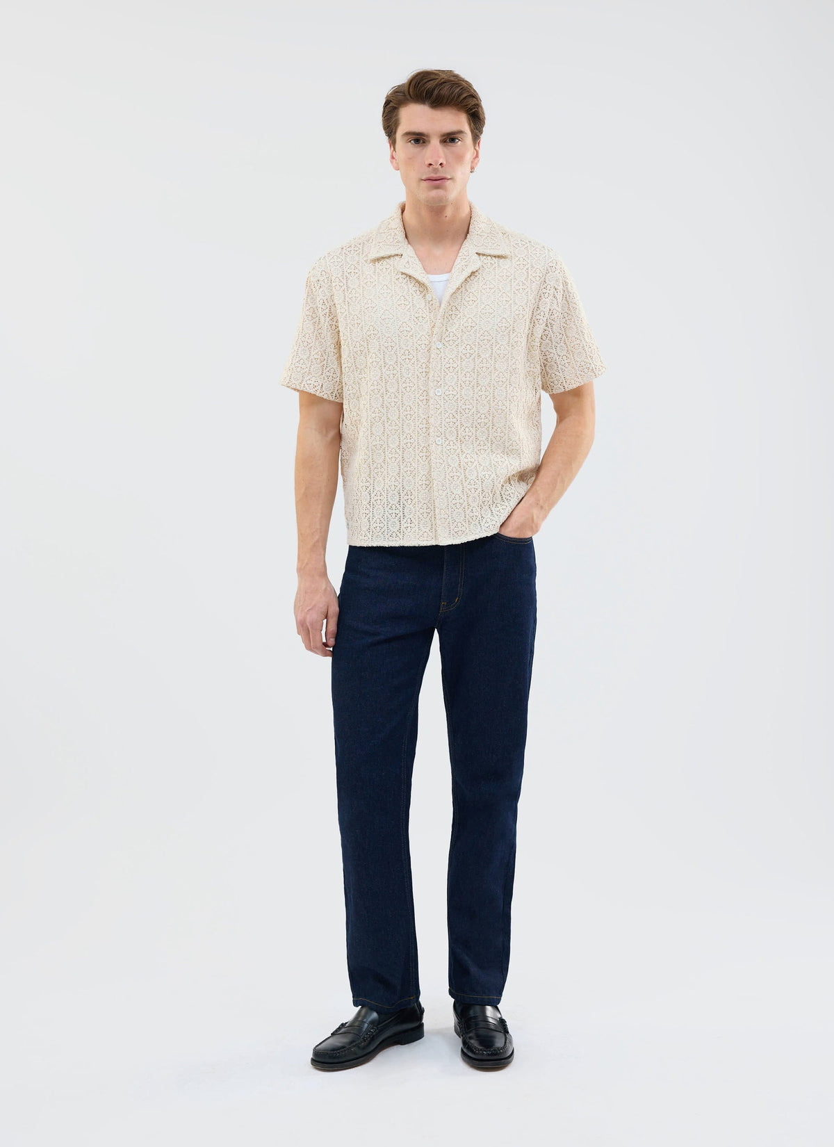 Men's Crochet Cuban Shirt: Elio - Ecru Cream | Percival Best Price