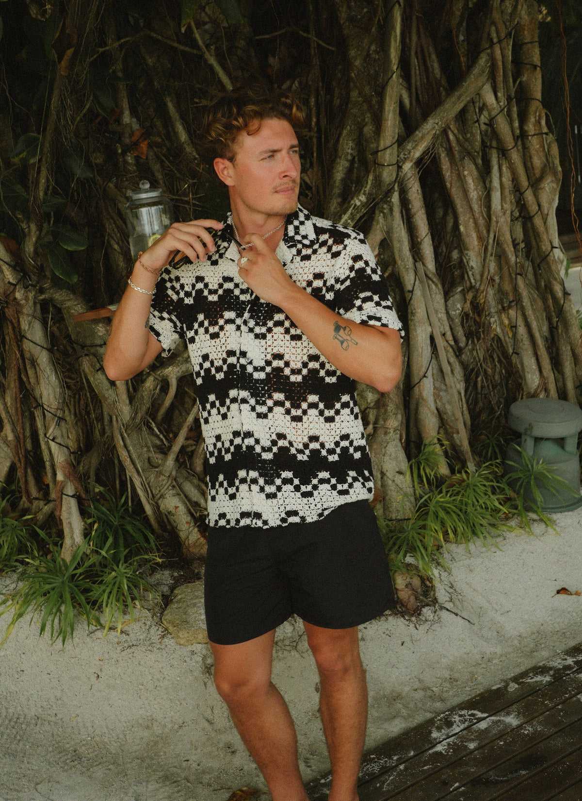 Men's Crochet Cuban Collar Shirt - Naples - Ecru Cream | Percival Best Price