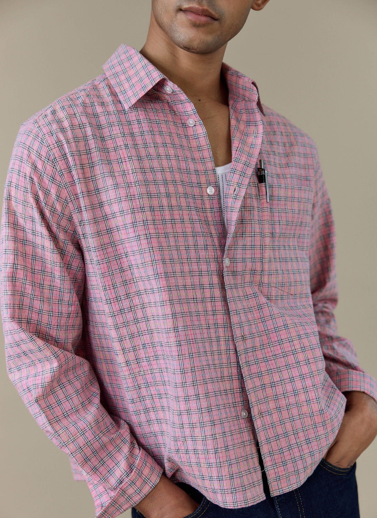 Men's Pink Check Shirt - Hinsley - Cotton | Percival Deals