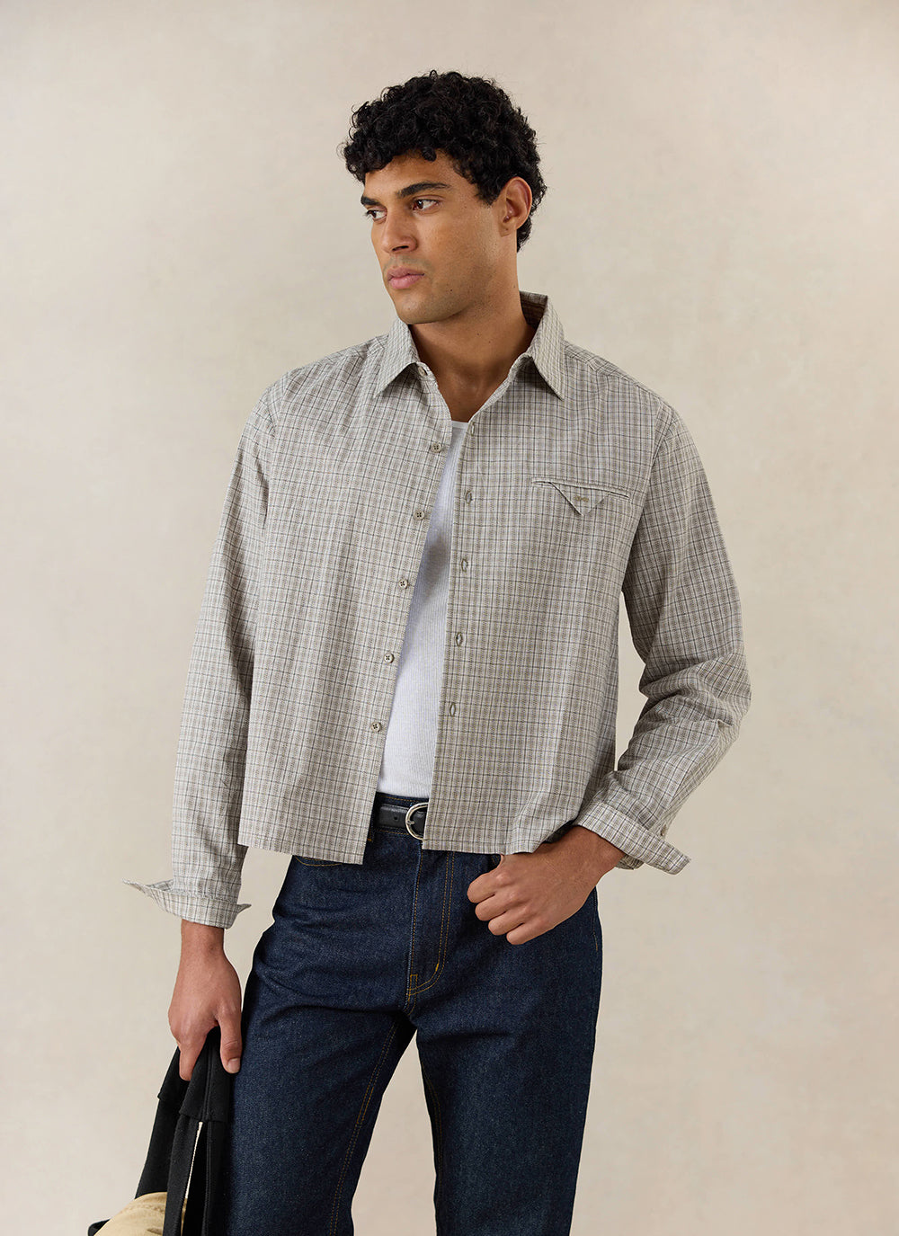 Men's Check Shirt: Hinsley - Cotton - Cream Check - Percival | Percival Sale