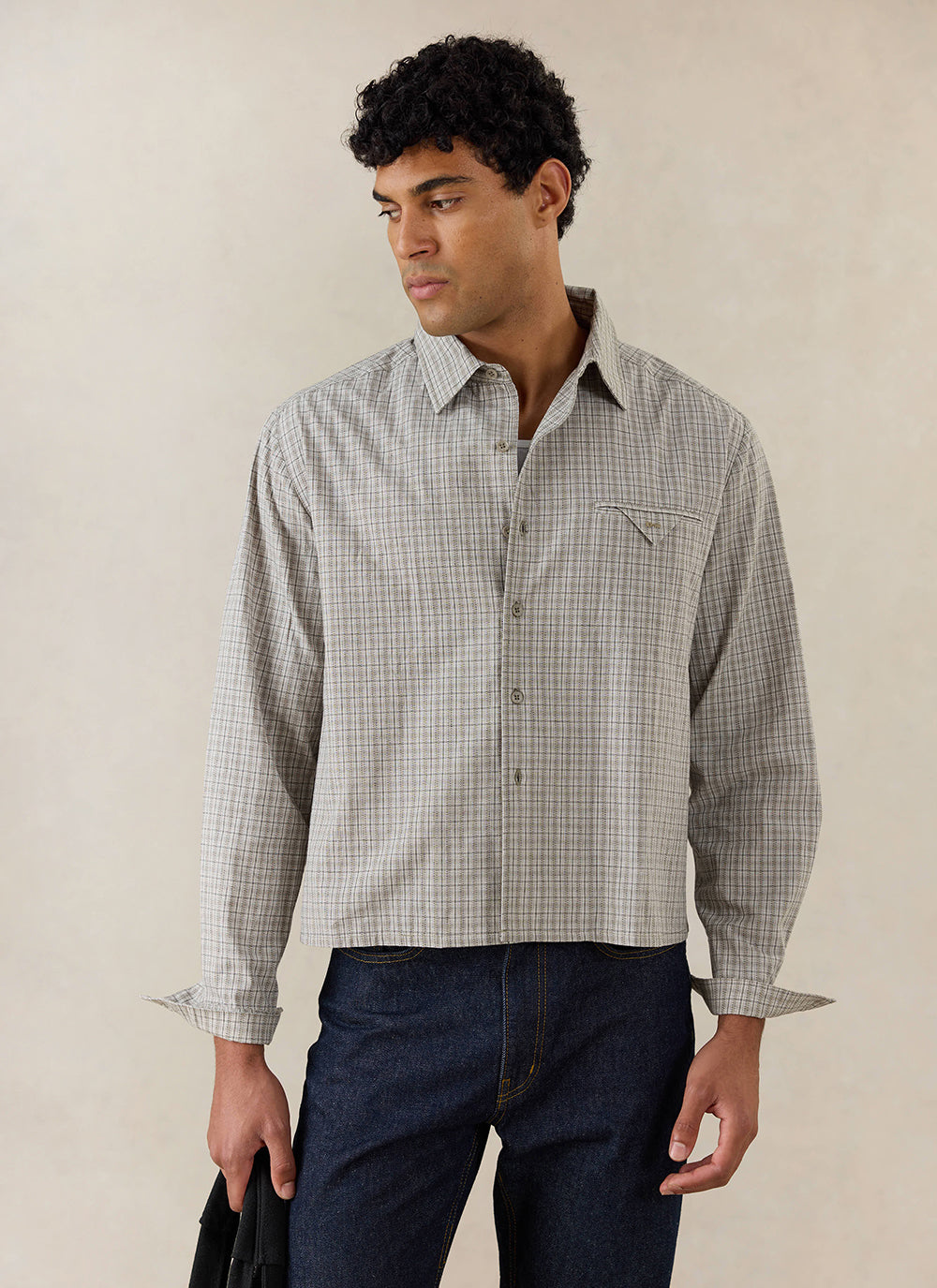 Men's Check Shirt: Hinsley - Cotton - Cream Check - Percival | Percival Sale