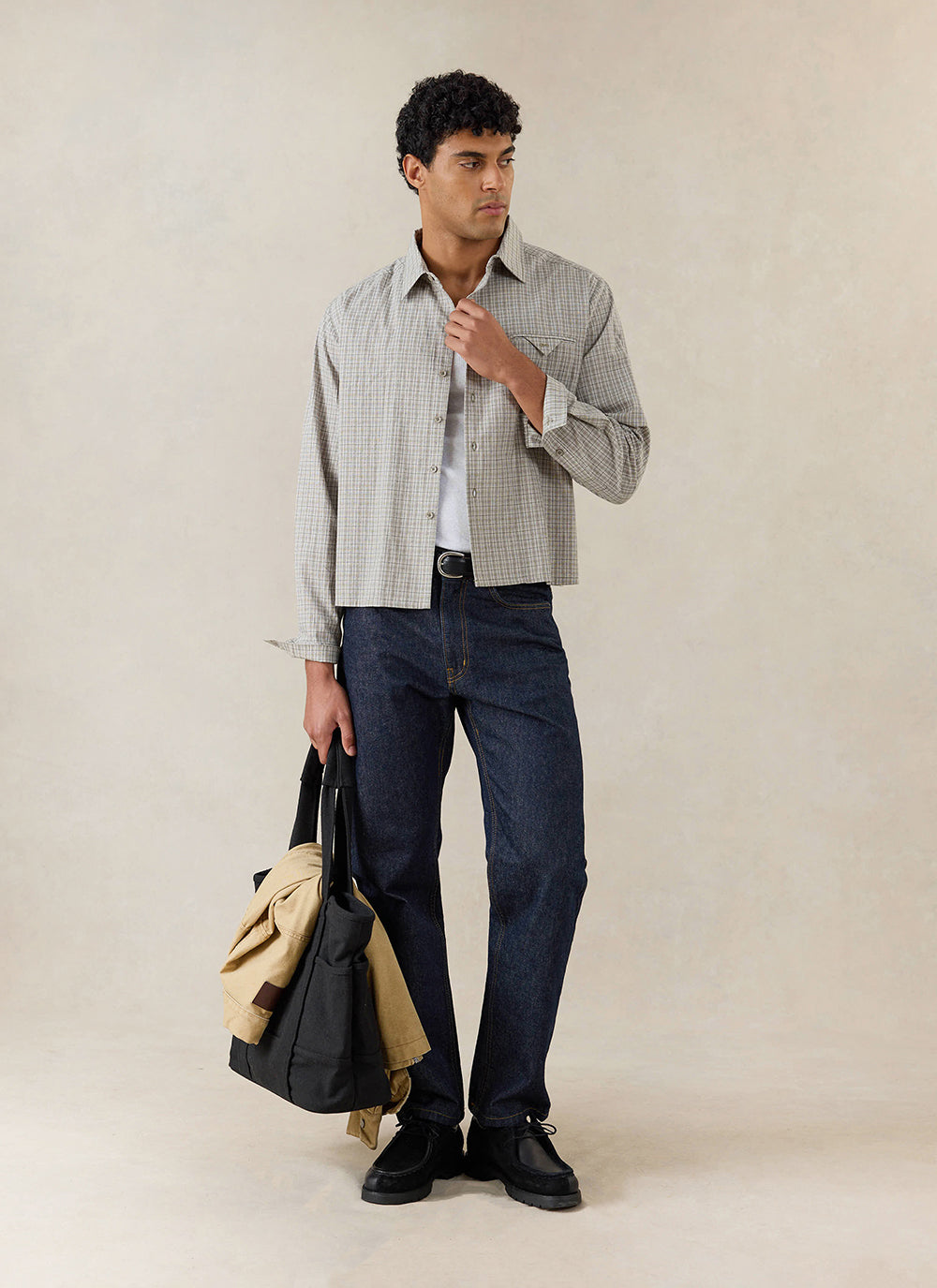 Men's Check Shirt: Hinsley - Cotton - Cream Check - Percival | Percival Sale