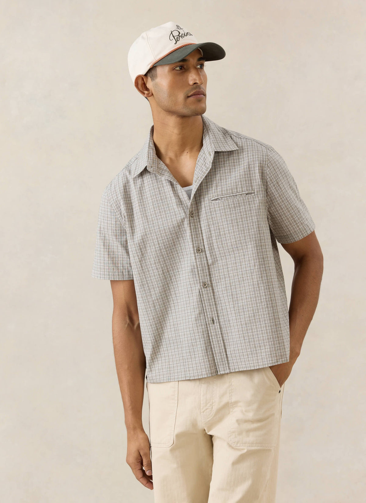 Men's Boxy Short Sleeve Shirt - Cotton - Cream Check - Percival | Percival Special Offer