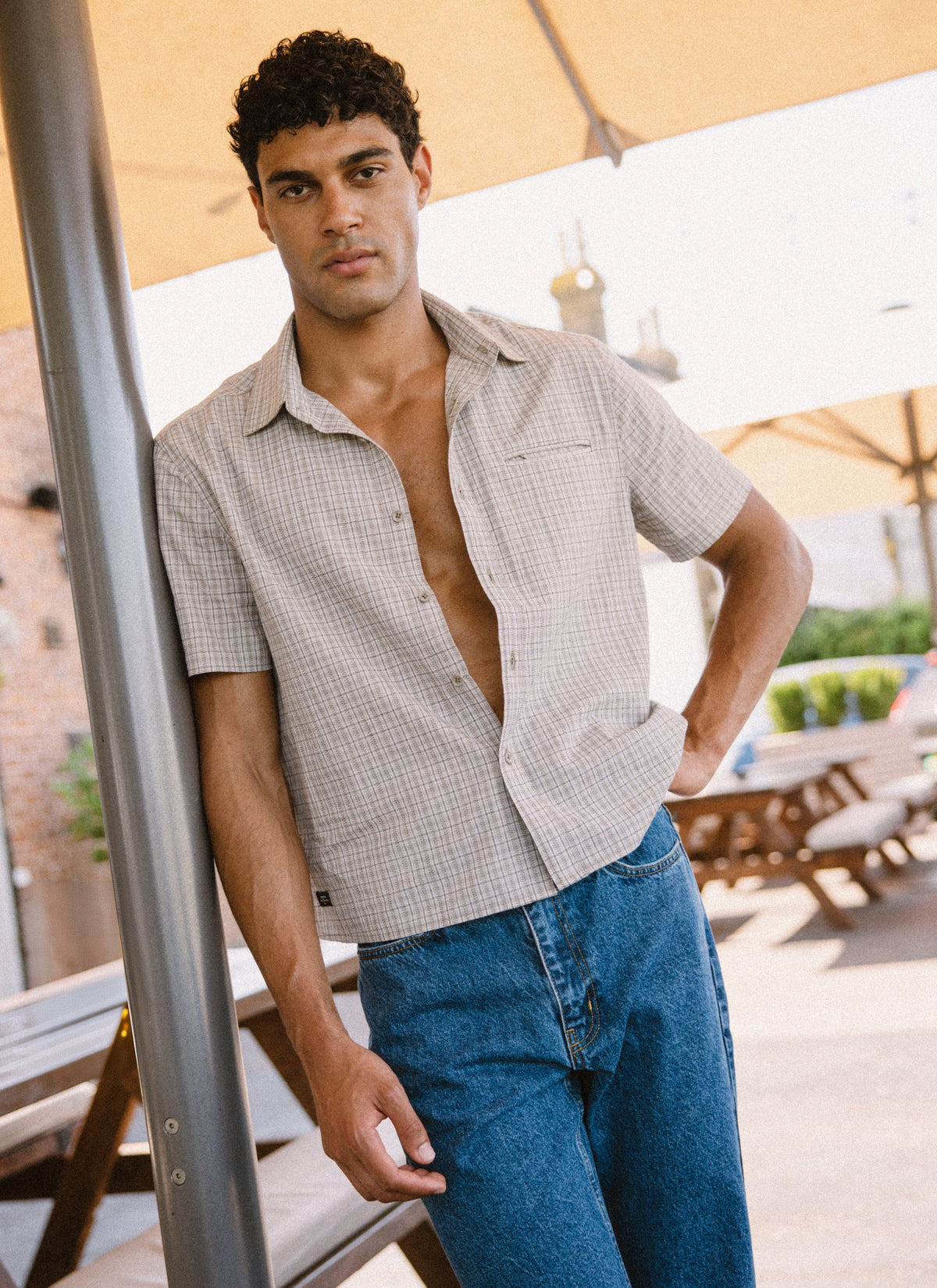 Men's Boxy Short Sleeve Shirt - Cotton - Cream Check - Percival | Percival Special Offer