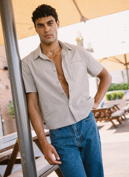 Men's Boxy Short Sleeve Shirt - Cotton - Cream Check - Percival | Percival Special Offer