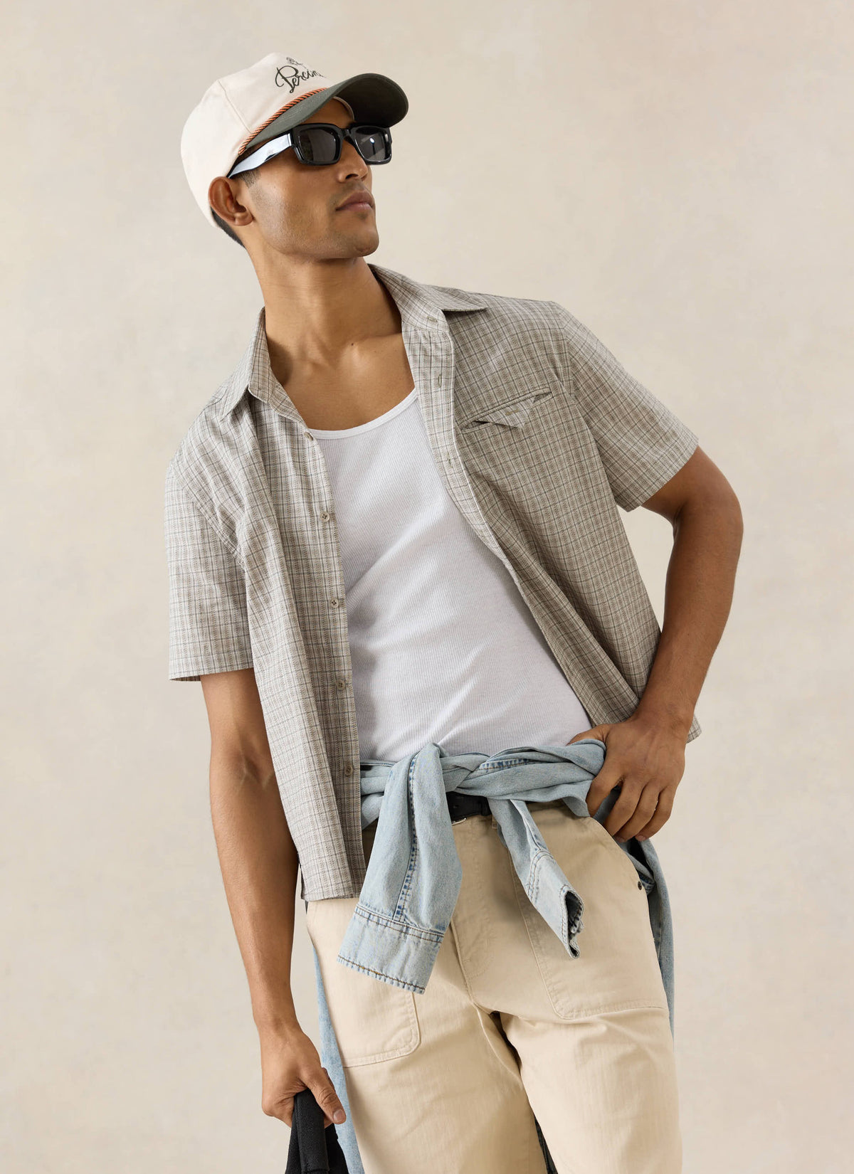 Men's Boxy Short Sleeve Shirt - Cotton - Cream Check - Percival | Percival Special Offer