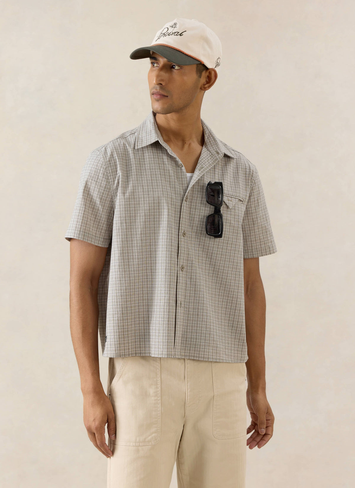 Men's Boxy Short Sleeve Shirt - Cotton - Cream Check - Percival | Percival Special Offer