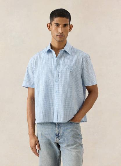 Men's Boxy Short Sleeve Shirt - Cotton - Blue Check - Percival | Percival Recommended