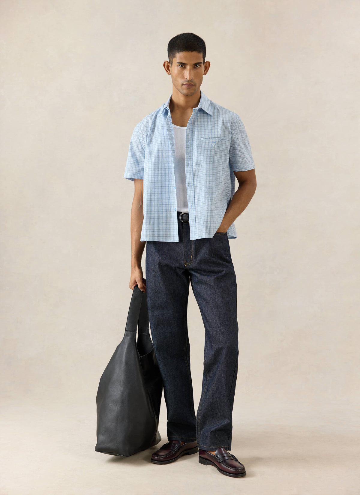 Men's Boxy Short Sleeve Shirt - Cotton - Blue Check - Percival | Percival Recommended