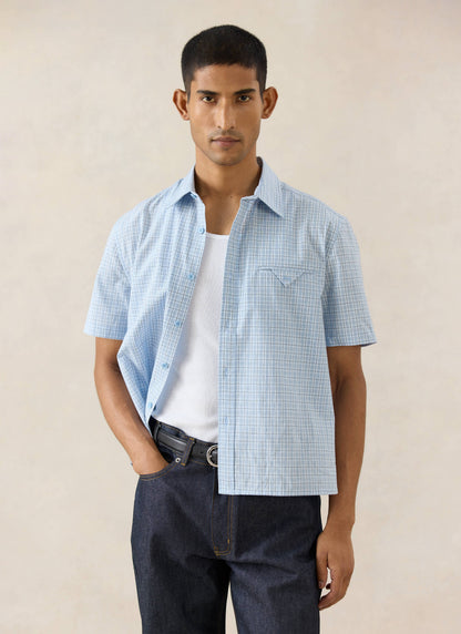 Men's Boxy Short Sleeve Shirt - Cotton - Blue Check - Percival | Percival Recommended