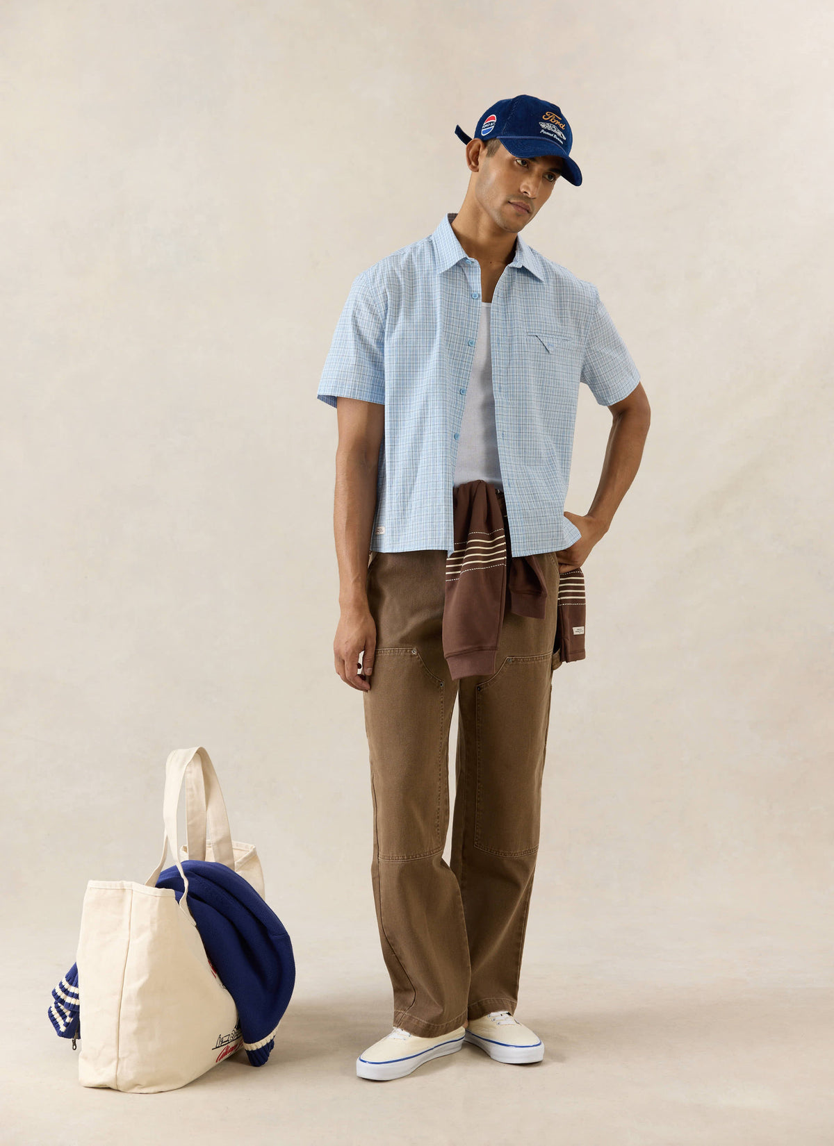 Men's Boxy Short Sleeve Shirt - Cotton - Blue Check - Percival | Percival Recommended