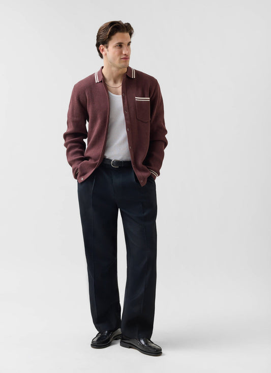 Men's Knit Shirt - Long Sleeve - Cuban Collar - Espresso Brown | Percival Popular