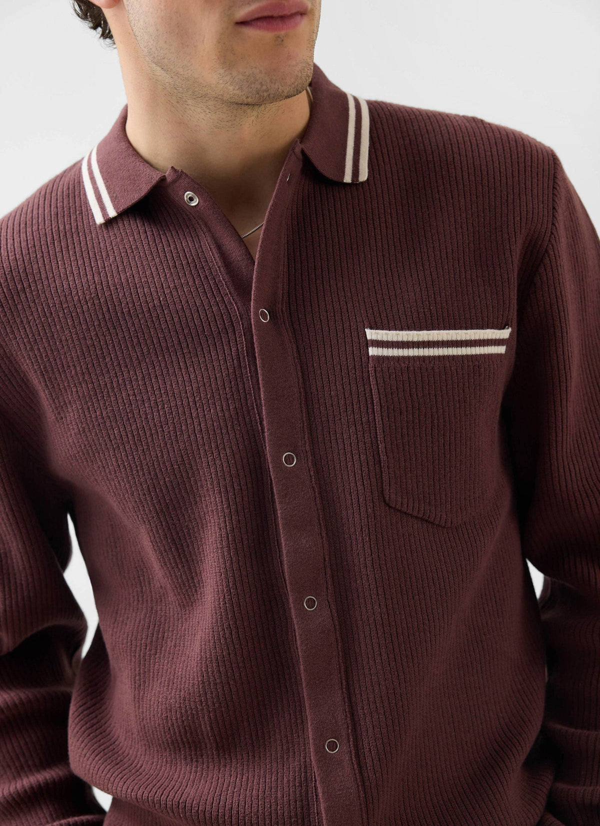Men's Knit Shirt - Long Sleeve - Cuban Collar - Espresso Brown | Percival Popular