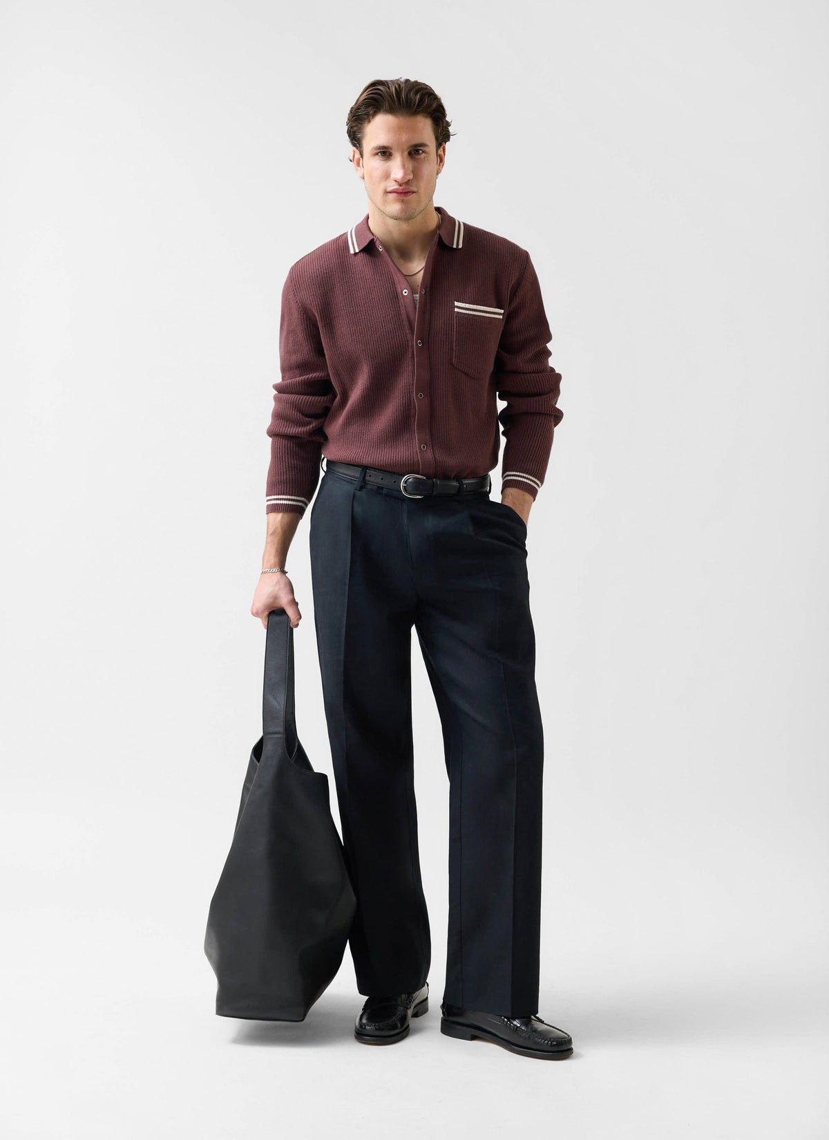 Men's Knit Shirt - Long Sleeve - Cuban Collar - Espresso Brown | Percival Popular