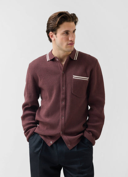Men's Knit Shirt - Long Sleeve - Cuban Collar - Espresso Brown | Percival Popular