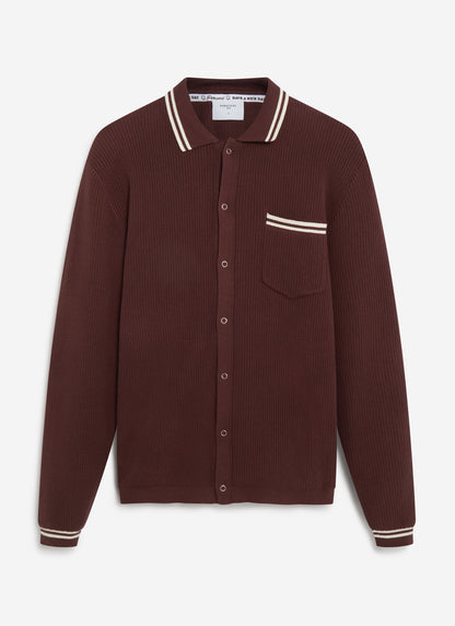 Men's Knit Shirt - Long Sleeve - Cuban Collar - Espresso Brown | Percival Popular