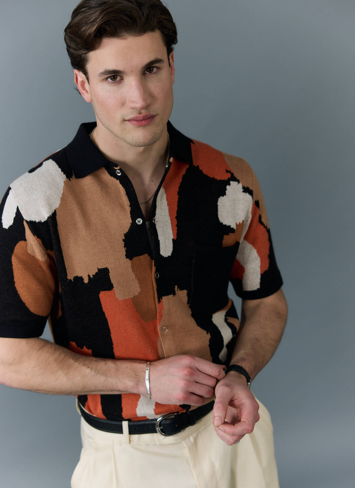 Men's Knitted Shirt Sleeve Shirt - Jacquard - Multicolour | Percival Popular