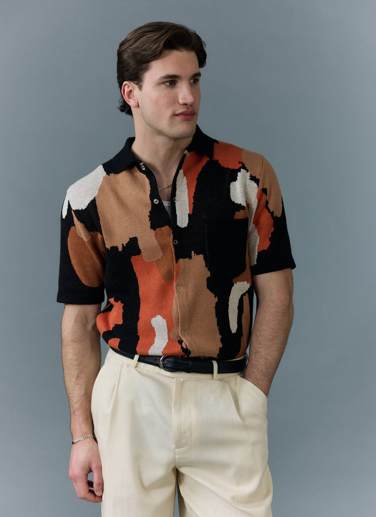 Men's Knitted Shirt Sleeve Shirt - Jacquard - Multicolour | Percival Popular