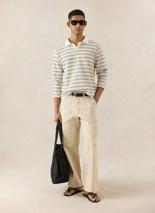 Men's Long Sleeve Knit Polo Shirt - Cotton - Cream Stripe - Percival | Percival Great Value