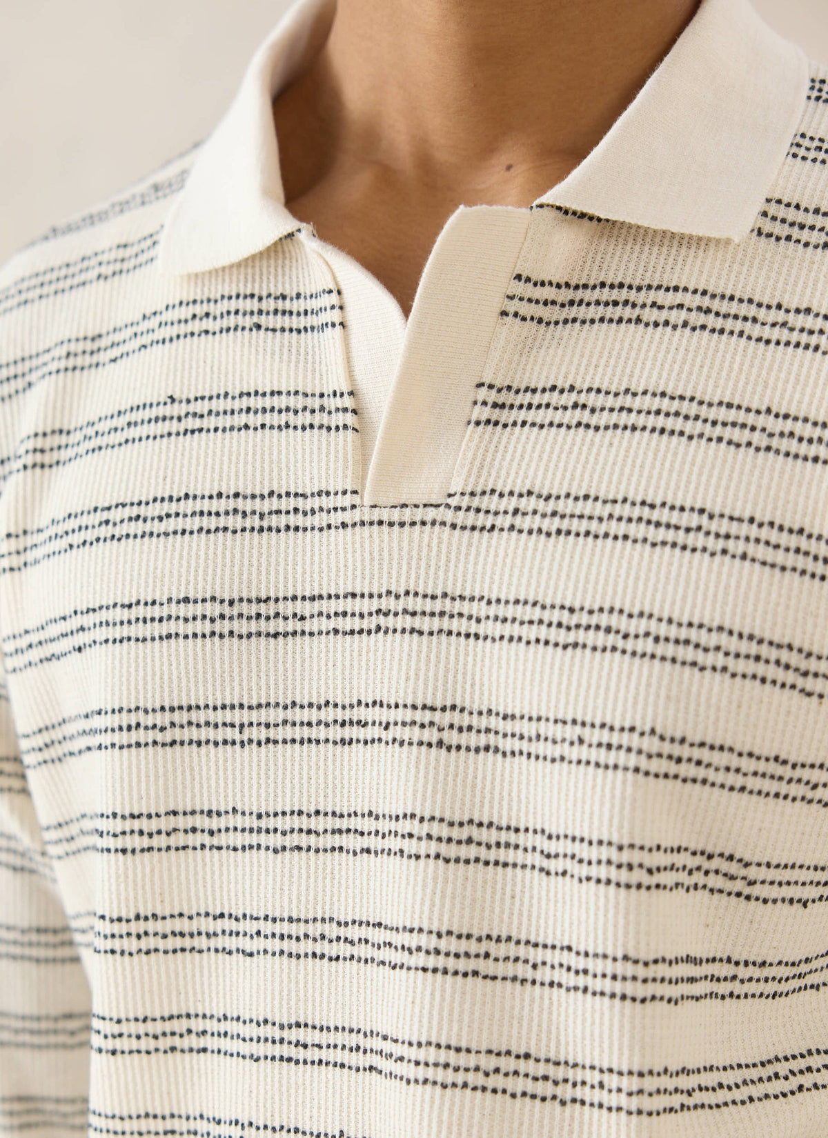 Men's Long Sleeve Knit Polo Shirt - Cotton - Cream Stripe - Percival | Percival Great Value