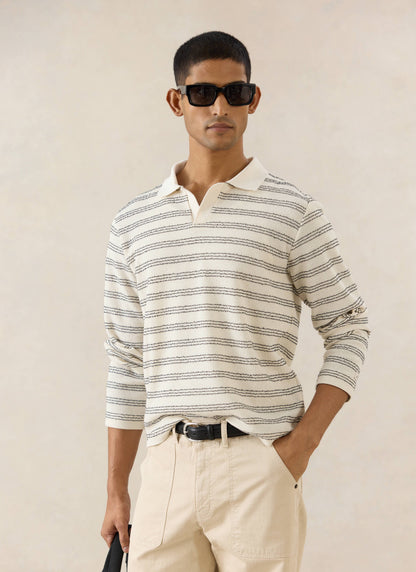 Men's Long Sleeve Knit Polo Shirt - Cotton - Cream Stripe - Percival | Percival Great Value