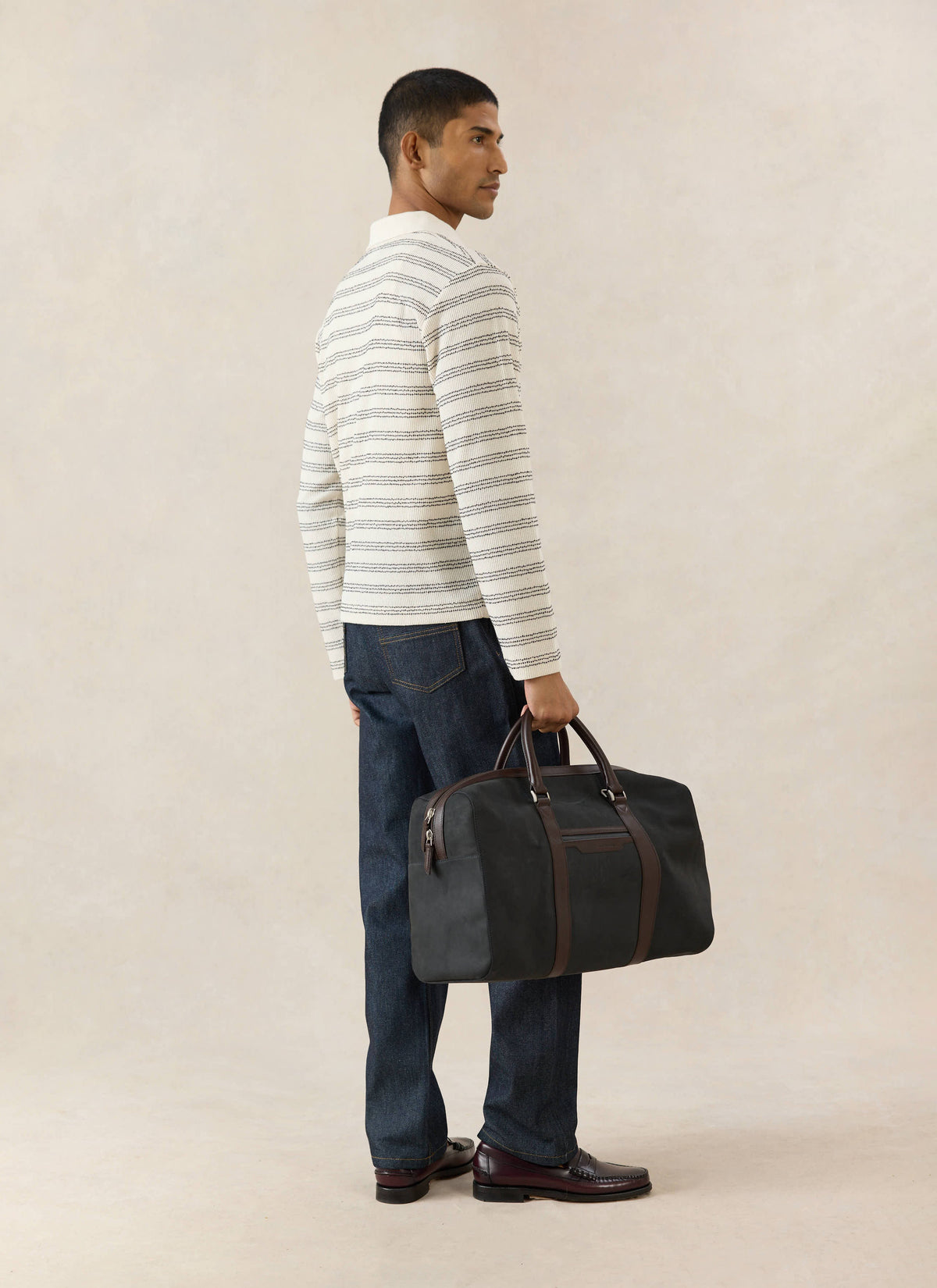 Men's Long Sleeve Knit Polo Shirt - Cotton - Cream Stripe - Percival | Percival Great Value