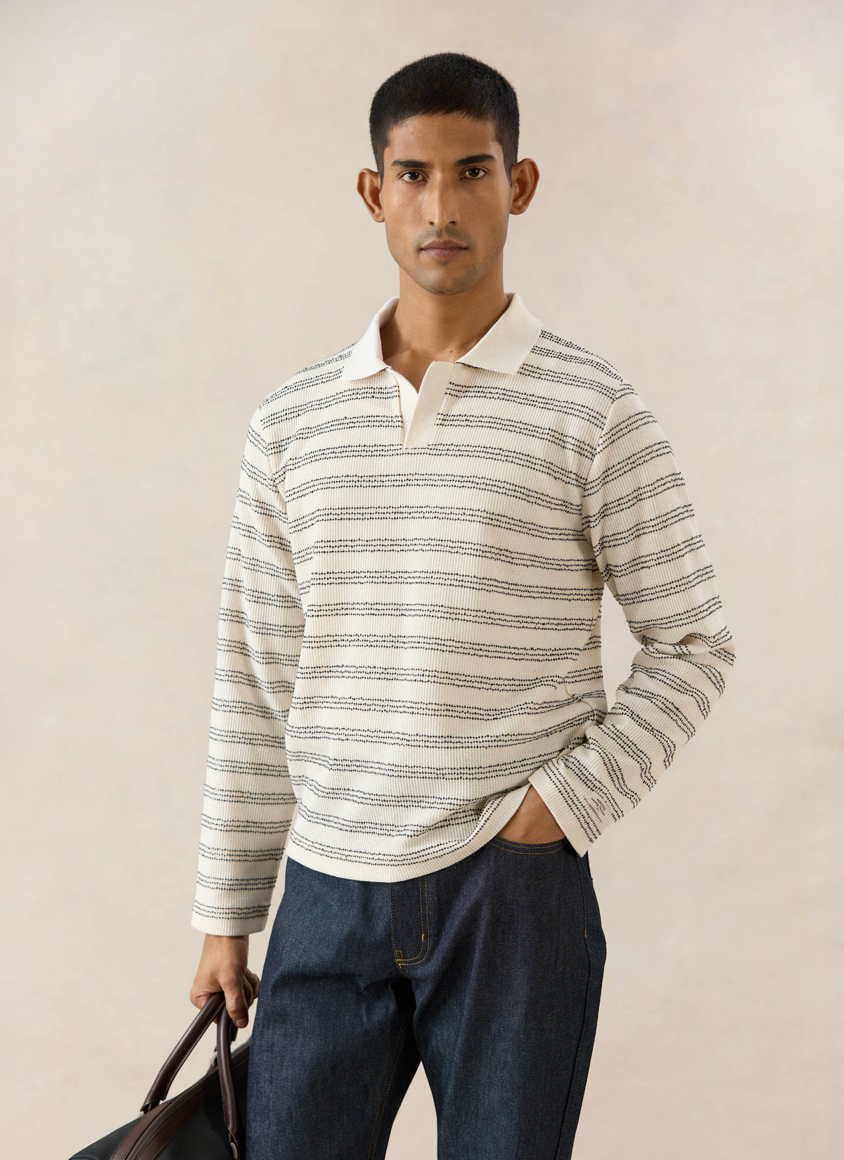 Men's Long Sleeve Knit Polo Shirt - Cotton - Cream Stripe - Percival | Percival Great Value