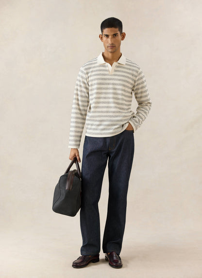 Men's Long Sleeve Knit Polo Shirt - Cotton - Cream Stripe - Percival | Percival Great Value