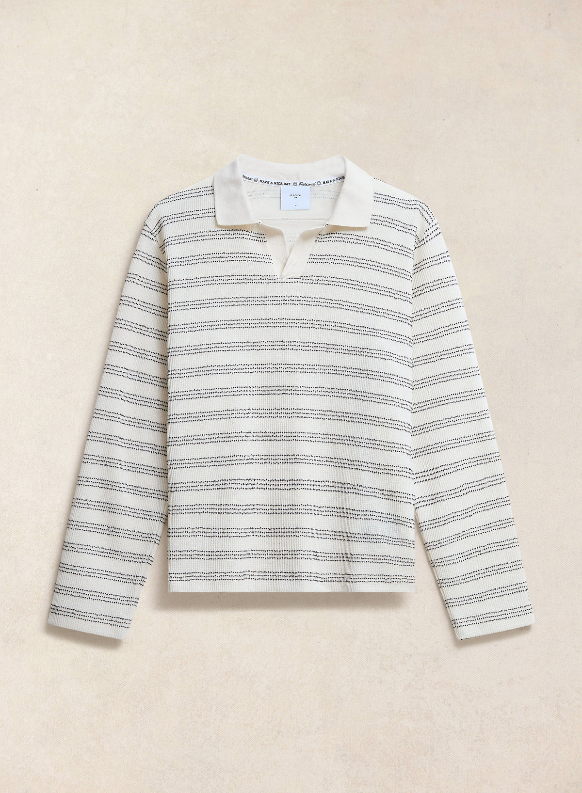Men's Long Sleeve Knit Polo Shirt - Cotton - Cream Stripe - Percival | Percival Great Value