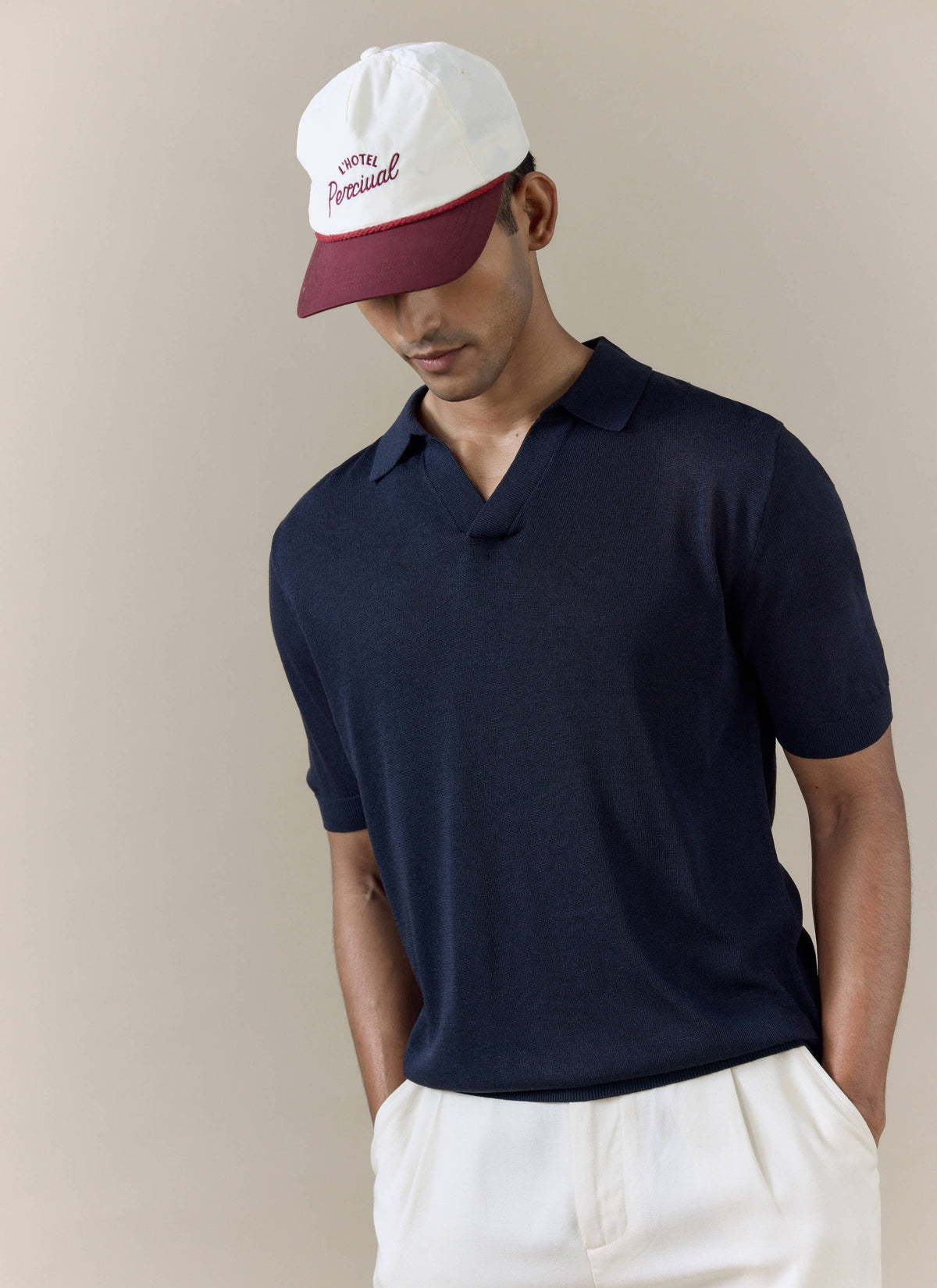 Men's Knitted Polo Shirt: Laurence - Open Collar - Navy Blue | Percival Smart Buy