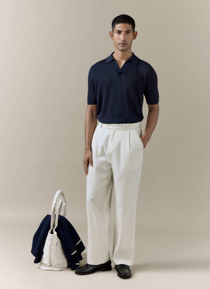 Men's Knitted Polo Shirt: Laurence - Open Collar - Navy Blue | Percival Smart Buy