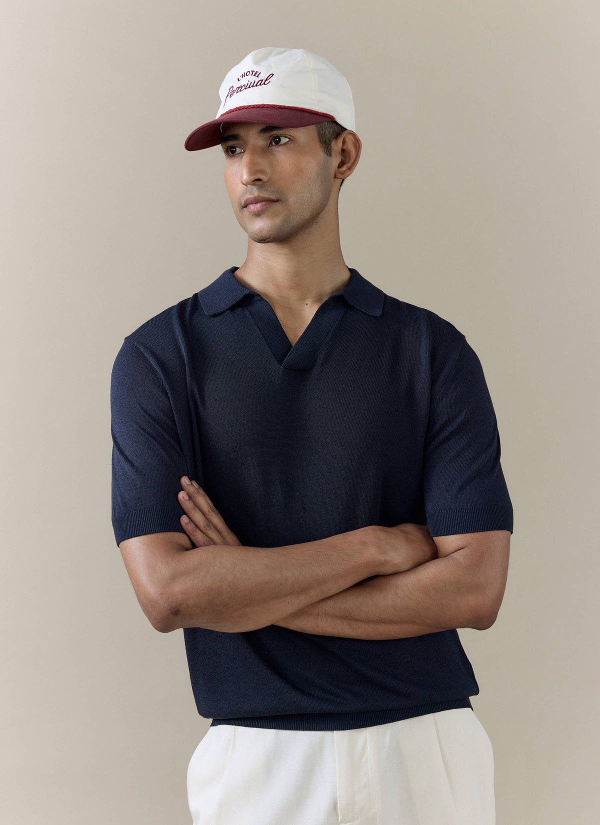 Men's Knitted Polo Shirt: Laurence - Open Collar - Navy Blue | Percival Smart Buy