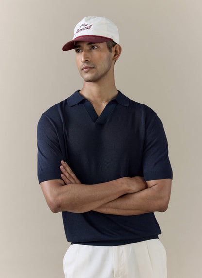 Men's Knitted Polo Shirt: Laurence - Open Collar - Navy Blue | Percival Smart Buy