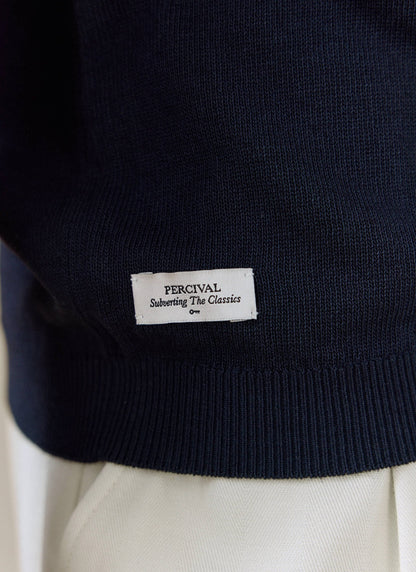 Men's Knitted Polo Shirt: Laurence - Open Collar - Navy Blue | Percival Smart Buy