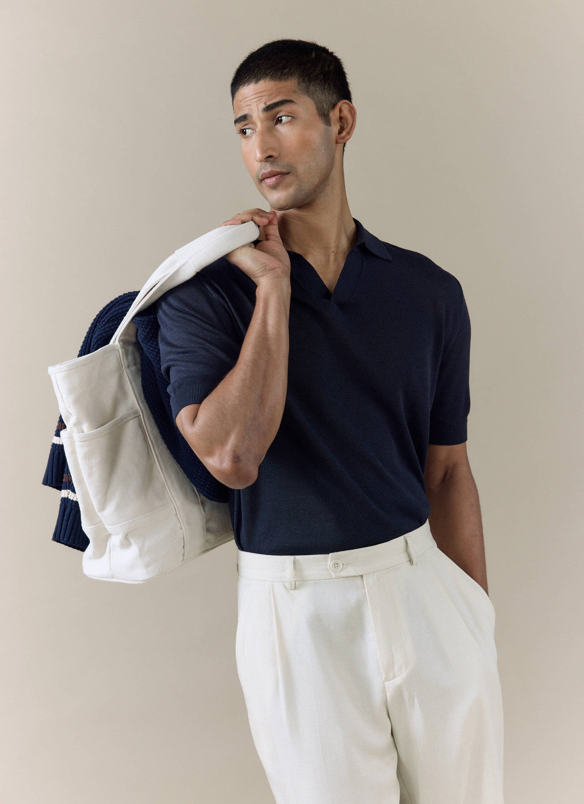 Men's Knitted Polo Shirt: Laurence - Open Collar - Navy Blue | Percival Smart Buy