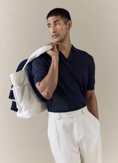 Men's Knitted Polo Shirt: Laurence - Open Collar - Navy Blue | Percival Smart Buy