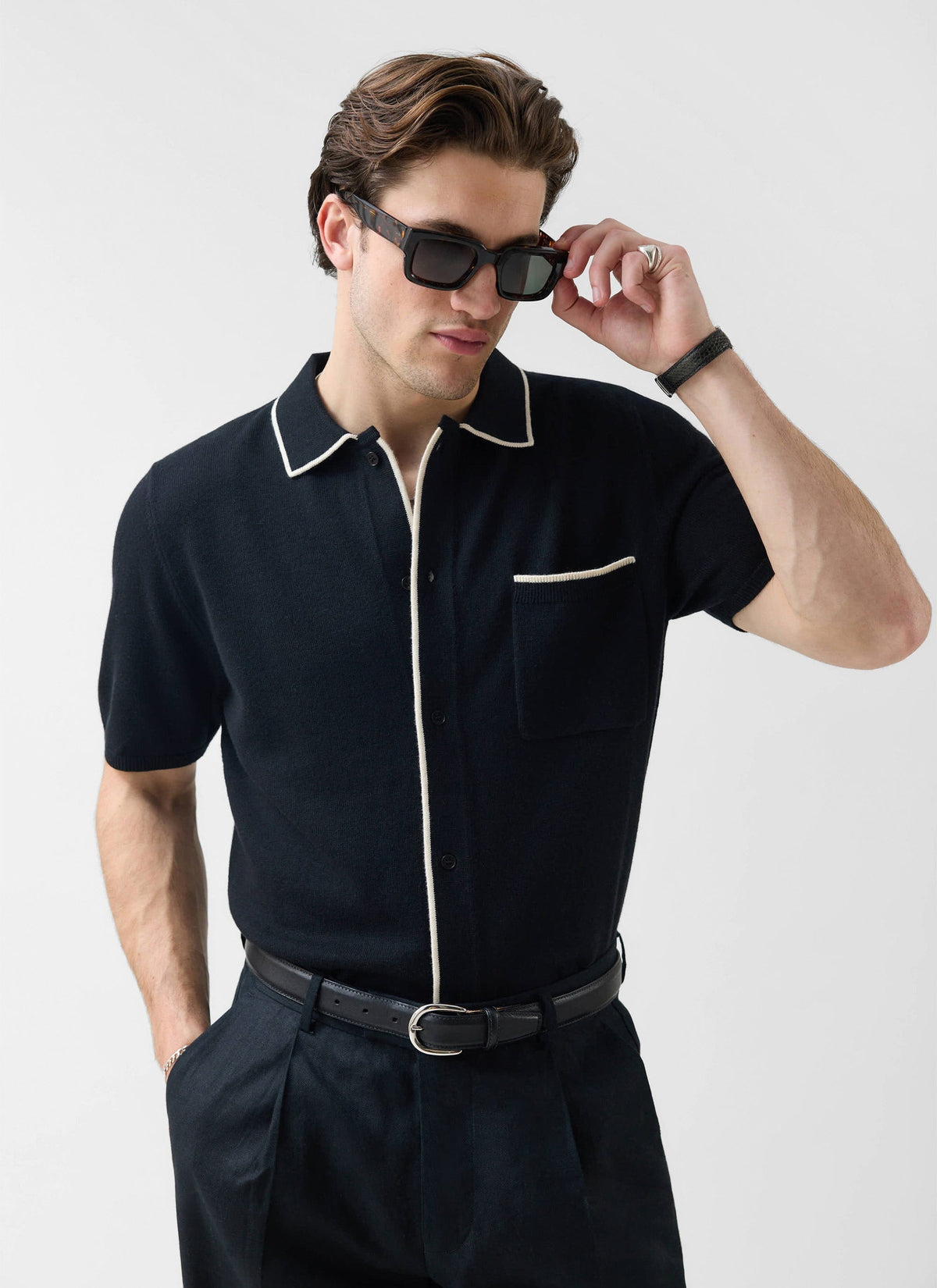 Contrast Trim Regular Knitted Shirt - Wool - Black | Percival Best Seller