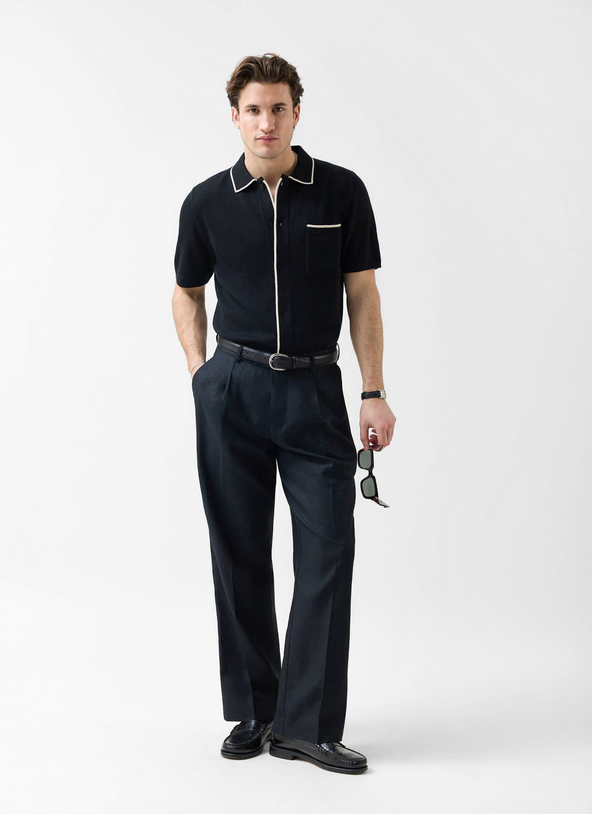 Contrast Trim Regular Knitted Shirt - Wool - Black | Percival Best Seller