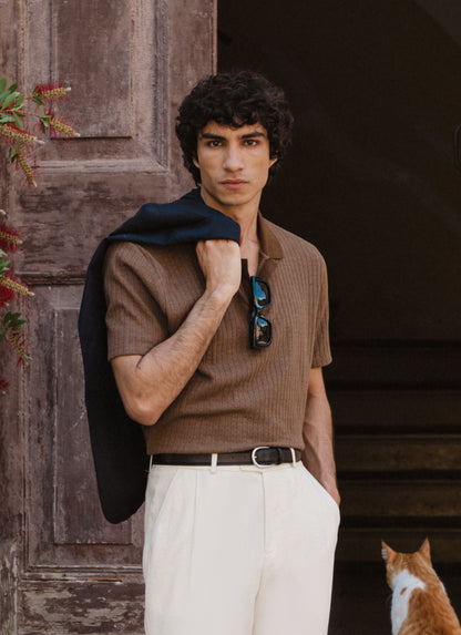 Men's Knitted Polo Shirt - Anthony - Cotton Blend - Brown | Percival Quality
