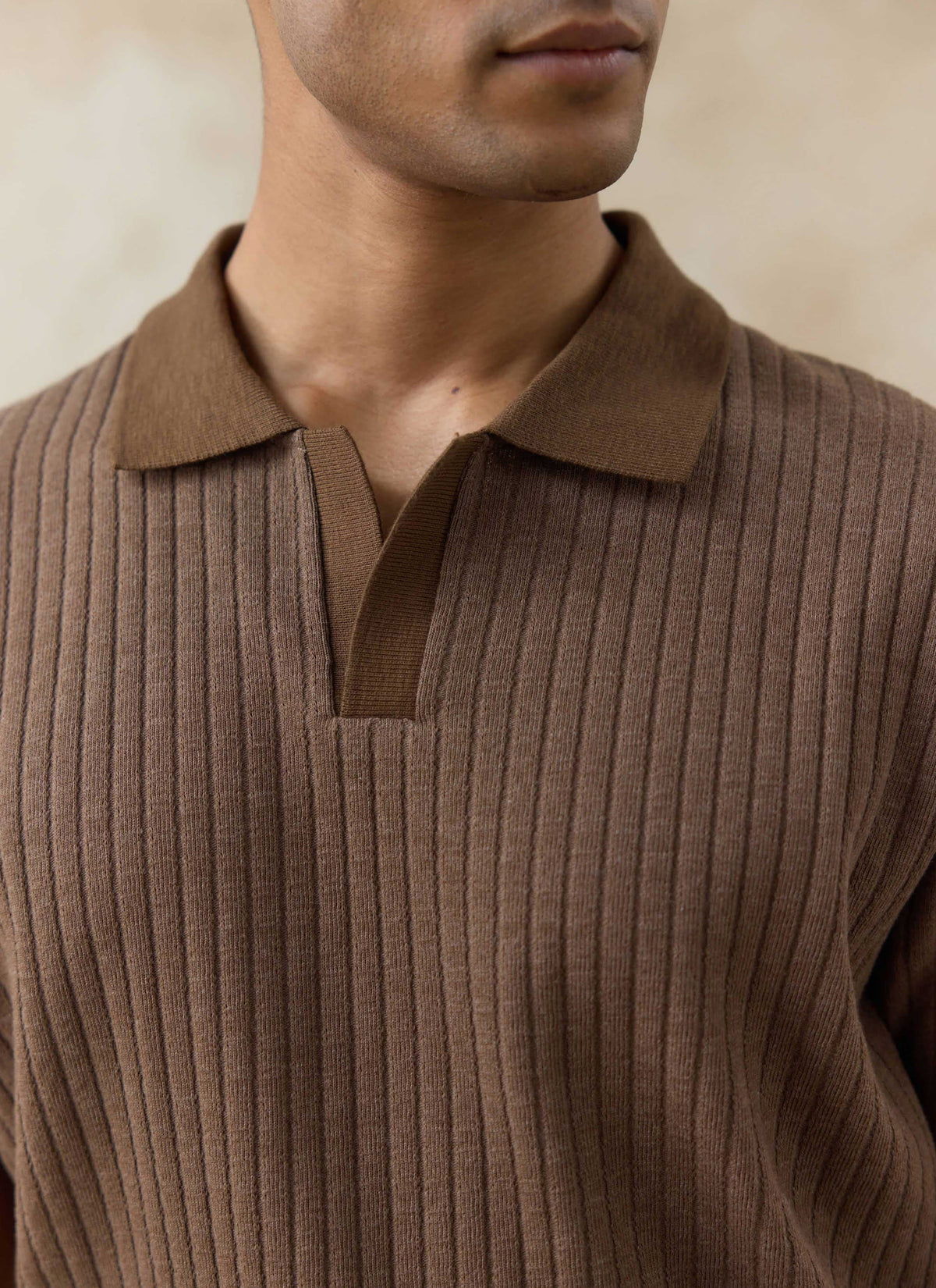 Men's Knitted Polo Shirt - Anthony - Cotton Blend - Brown | Percival Quality