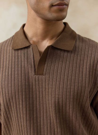 Men's Knitted Polo Shirt - Anthony - Cotton Blend - Brown | Percival Quality