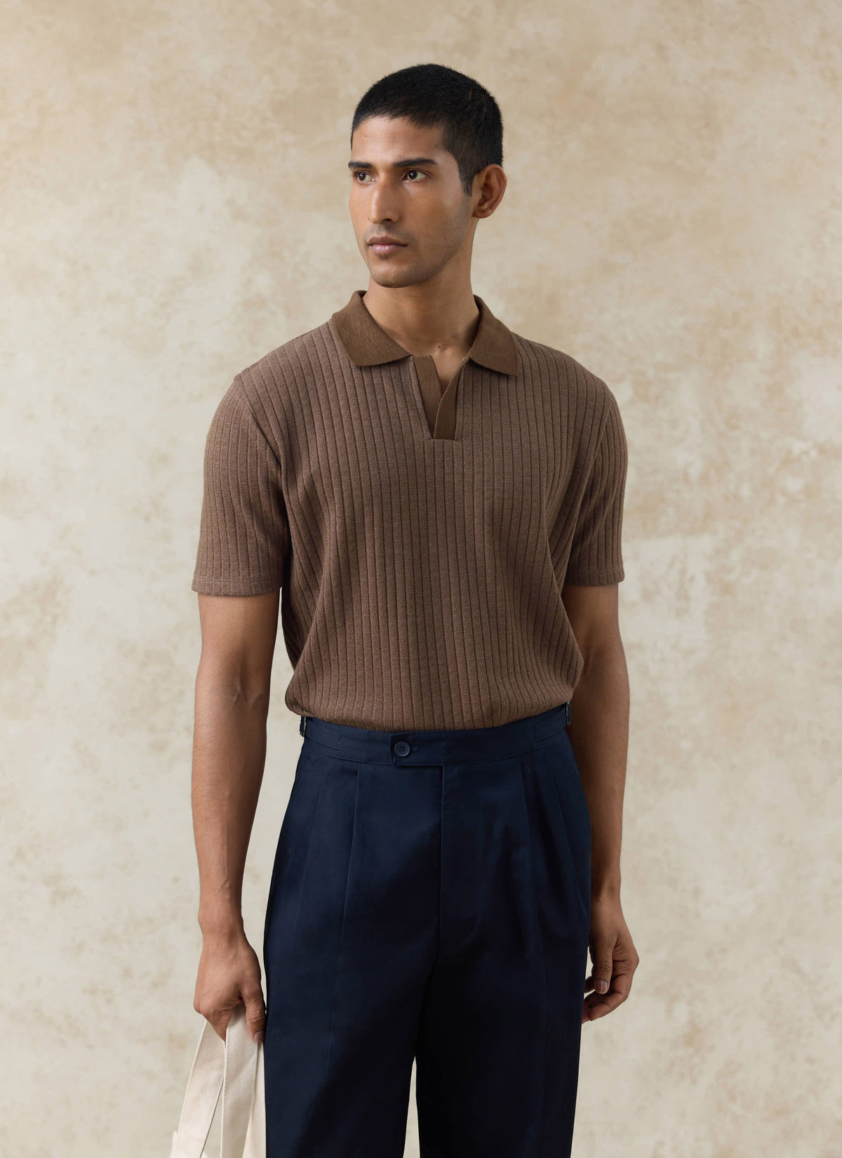 Men's Knitted Polo Shirt - Anthony - Cotton Blend - Brown | Percival Quality